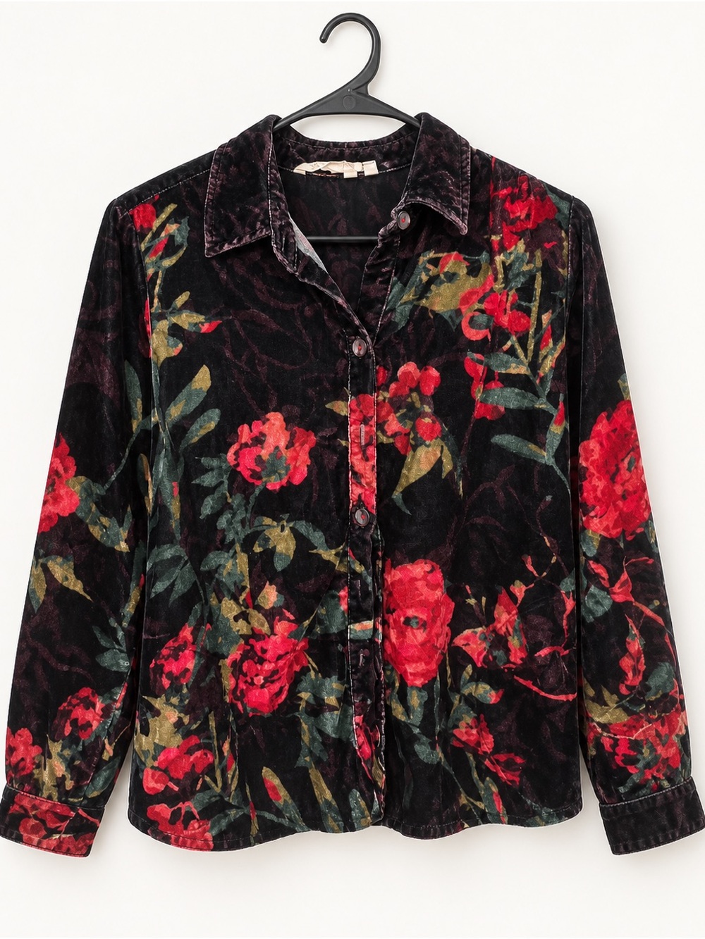 Vintage-Inspired Velvet Floral Button-Up Top - Black/Red